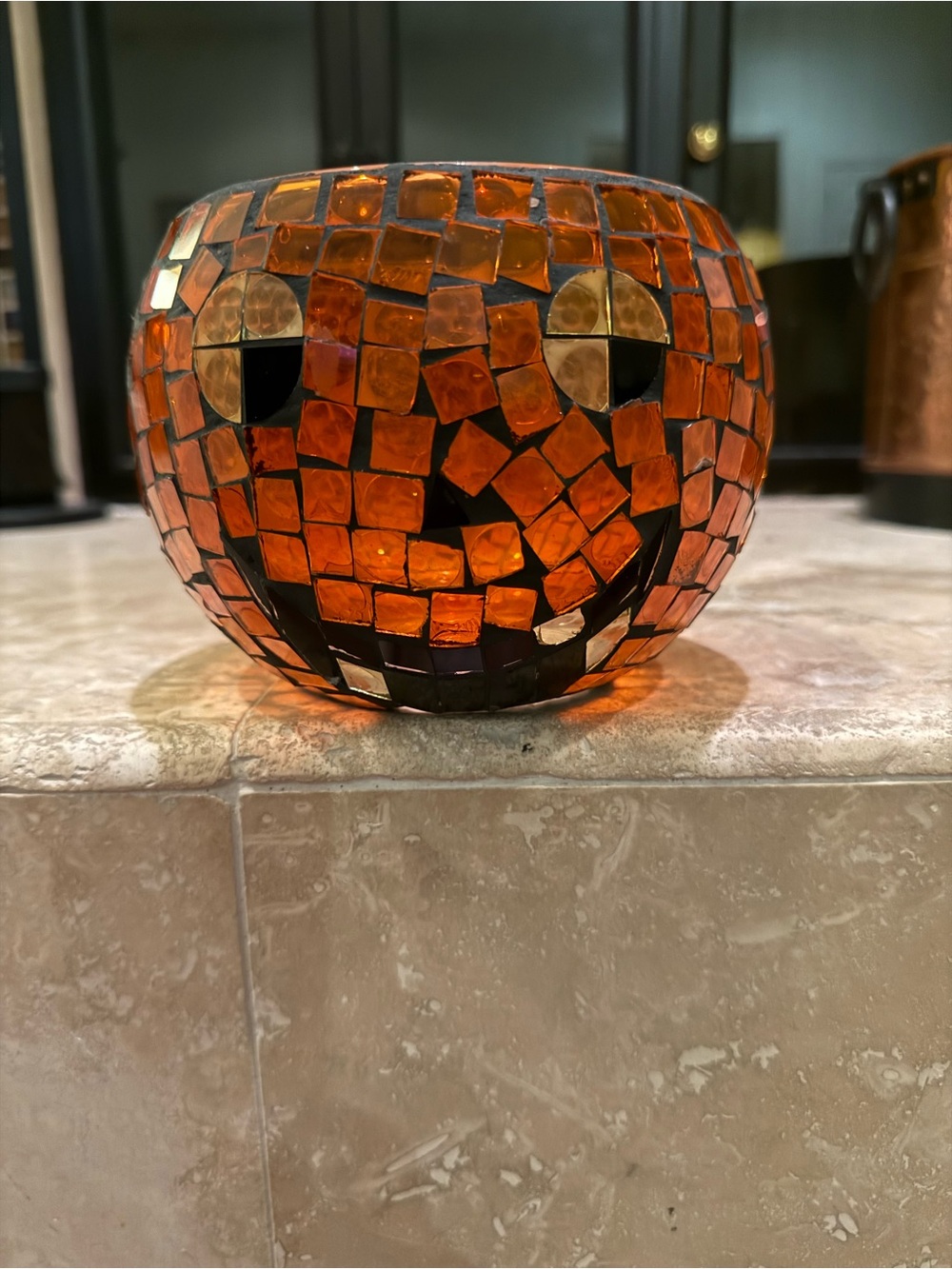 Mosaic Orange Glass Pumpkin Jack O Lantern Candle Holder